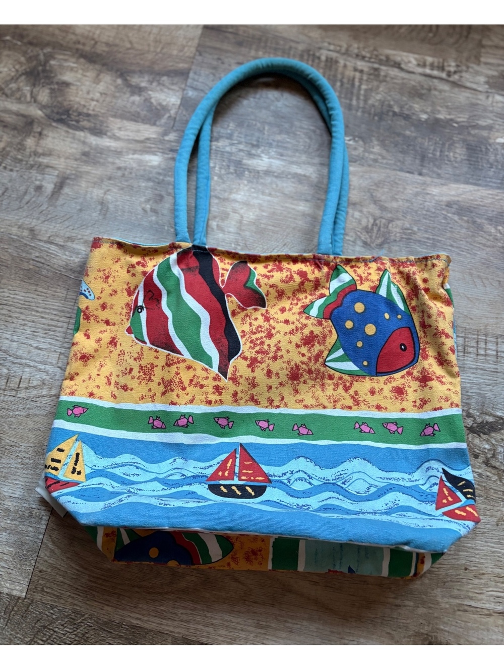 Vintage Koko Knot Colorful Fish Print Canvas Tote Bag with Blue Handles